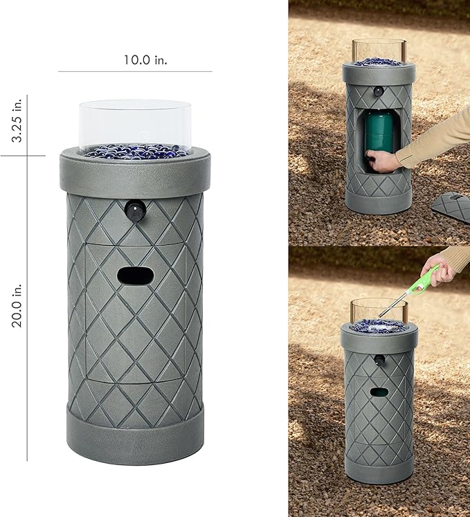 1Lb Column Propane Fire Pit, 10,000 BTU Gas Fire Pit, Outdoor Firepit for Patio w/Wind Glass Shield, Glass Rocks