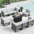 LayinSun Large Aluminum Patio Furniture Set with Fire Pit Table, 9 Pieces Modern Outdoor Conversation Set Sectional Metal Sofa Set with Olefin Cushion