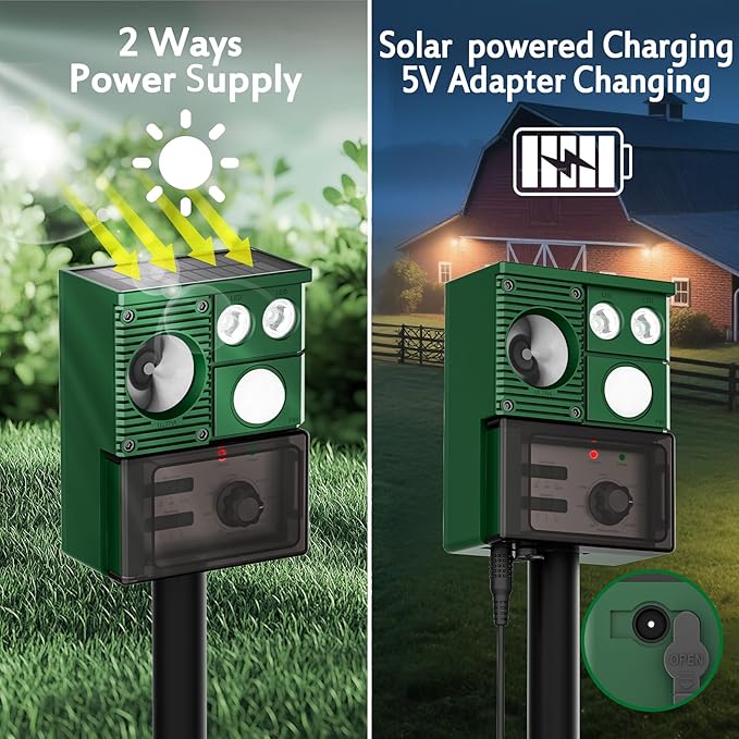 2025 Upgraded Solar Powered Animal Repeller 2 Packs, Ultrasonic Solar Powered Deer Repellent for Outdoor Yard Lawn Repel Squirrel Raccoon Cat Deterrent with Motion Sensor & Flashing Light (2, Green)