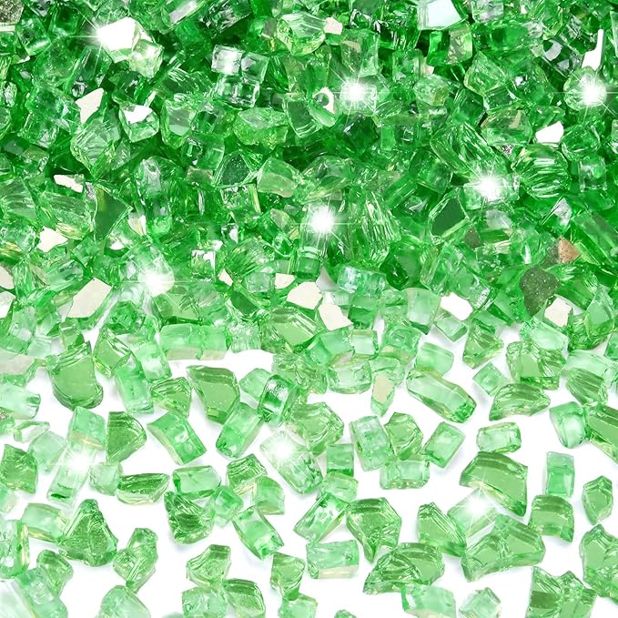 GasSaf 1/4 Inch Fire Glass Reflective Tempered Fireglass Cut Crushed FireGlass for Fire Pit, Fireplace, Replaces Existing Gas Logs & Lava Rocks (10 Pound)(Green Reflective)