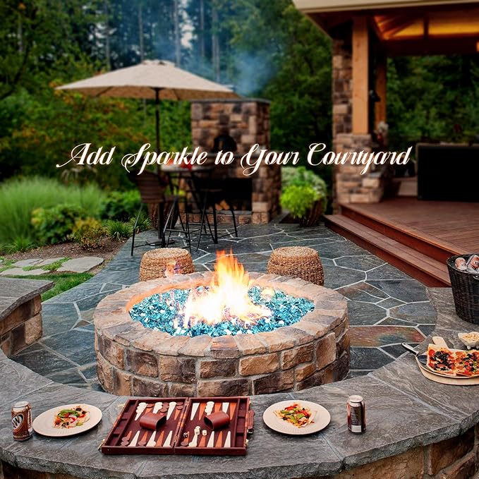 GasSaf 1/2 Inch Fire Glass Reflective Tempered Fireglass Cut Crushed FireGlass for Fire Pit, Fireplace, Replaces Existing Gas Logs & Lava Rocks (20 Pound)(Caribbean Blue Reflective).
