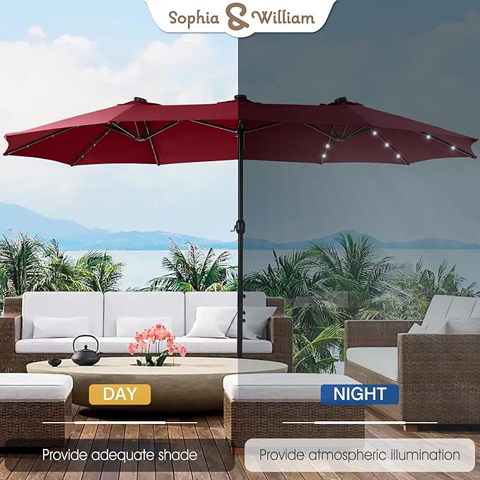 Sophia & William 15 ft Extra Large Patio Umbrella with Solar Lights, Rectangular Outdoor Umbrella with Base Included, Market Umbrella Double-sided Heavy Duty for Pool Garden Backyard, Burgundy