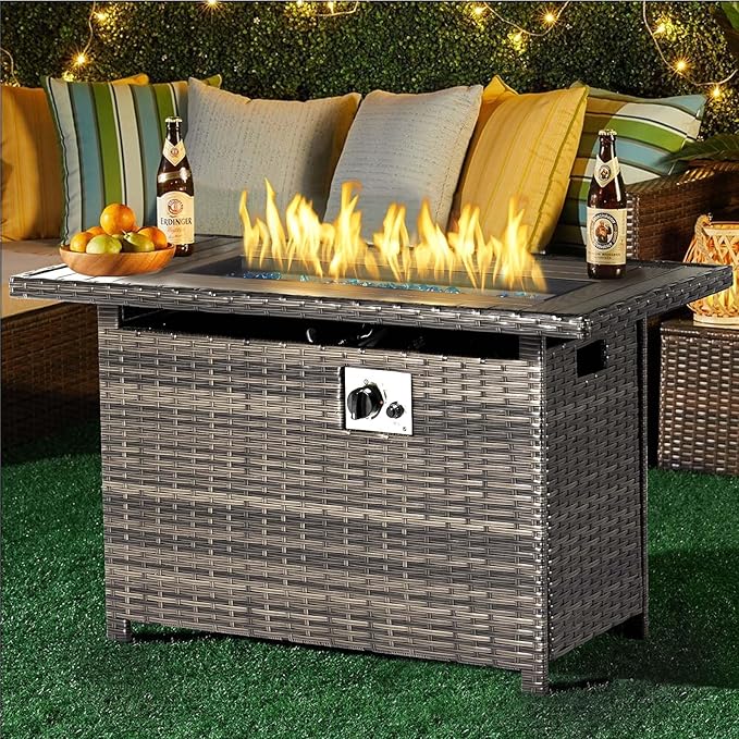 Aoxun 40" Propane Fire Pit 50,000 BTU Outdoor Wicker Fire Table with Wood-grainTabletop Patio Rectangular 2-in-1 Gas Fire Pit Table with Firepit Lid and Waterproof Cover（Gray）