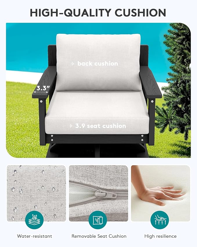 SERWALL Outdoor Swivel Chairs Set of 2, HDPE All-Weather Patio Swivel Sofas with Thick Cushions for Porch, Balcony, Black Frame with Beige Cushions