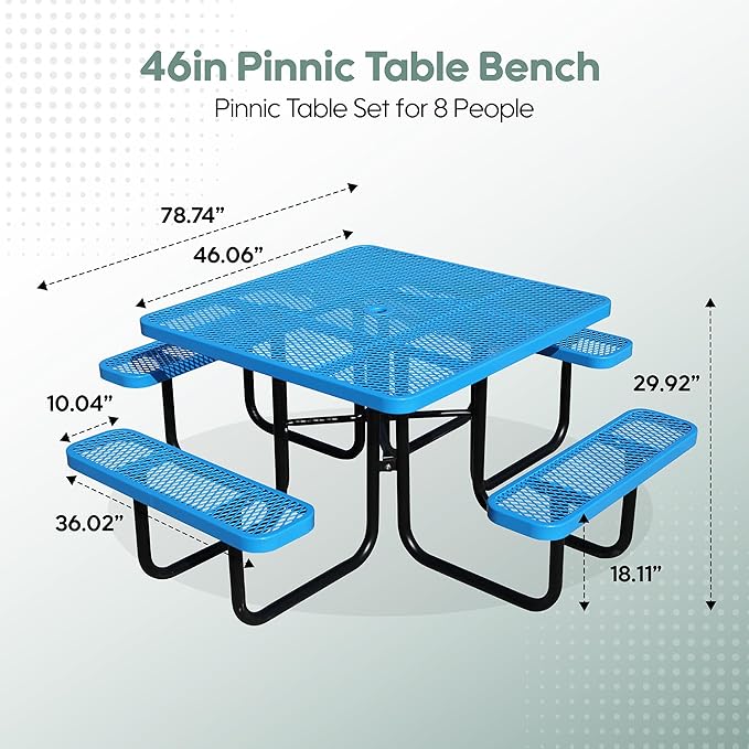 HIMcup 46" Square Picnic Table for Outside,Heavy Duty Metal Picnic Table Bench Set with 2in Umbrella Hole, 1600 lb Capacity,Commercial Dining Table Furniture for Garden Yard Patio Party Coffee Shop