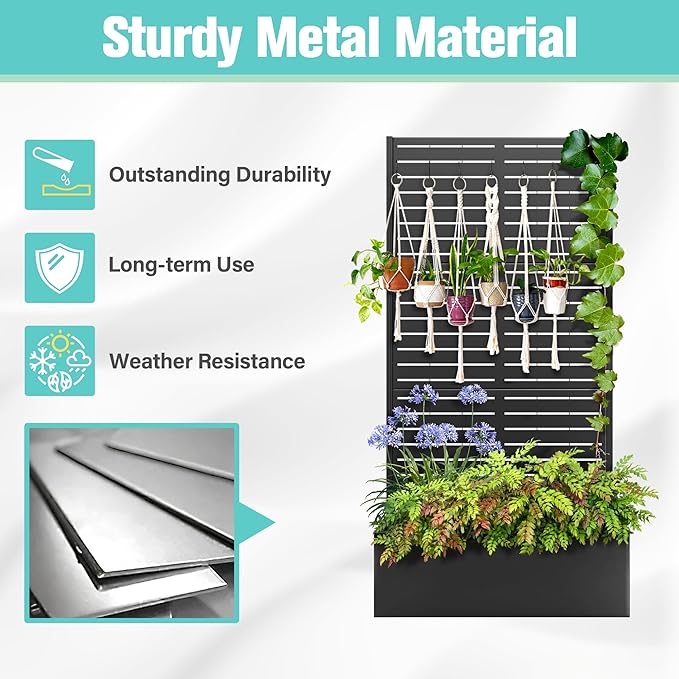 71"x35"x16" Metal Planter Box with Trellis Raised Garden Bed, Trellis with Planter Box & Privacy Screen, Outdoor Raised Garden Bed for Climbing Plants, Vegetable, Vines (Black, Louvered)