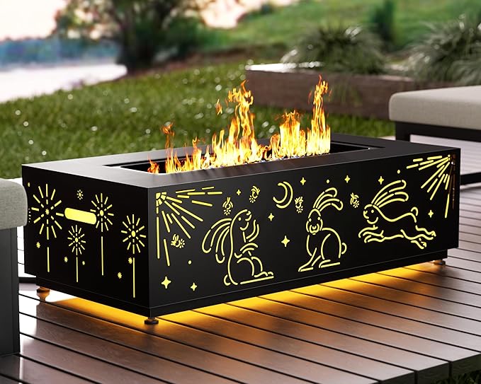 NICESOUL Outdoor Natural Gas/Propane Firepit Table, 42'' Rectangular Fire Pit with Hidden Tank Table, 50000 BTU Modern All-Weather Metal Fireplace with LED Light for Outside Patio, CSA Certified, Grey
