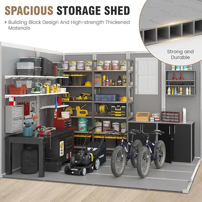 Amopatio 8x8 FT Storage Shed, Resin Outdoor Shed with Floor Included, Plastic Sheds Outdoor Storage for Bike, Garden Tools, Sheds & Outdoor Storage with Lockable Door, Window & Vents, Grey & White