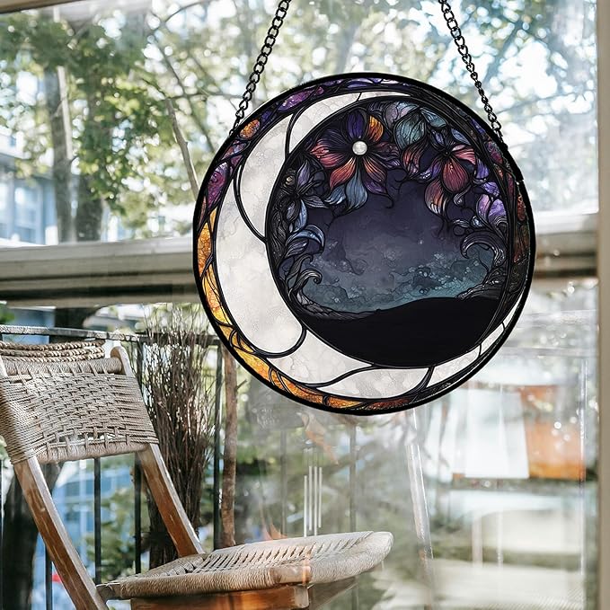 JOSUMALY Stained Glass Window Hanging - Black and White Moon Sun Catcher for Door Terrace Garden Home Decor, Abstract Plant Flower Suncatcher Birthday Gifts for Lovers Women Men Dad Mom Nana 11.8 in