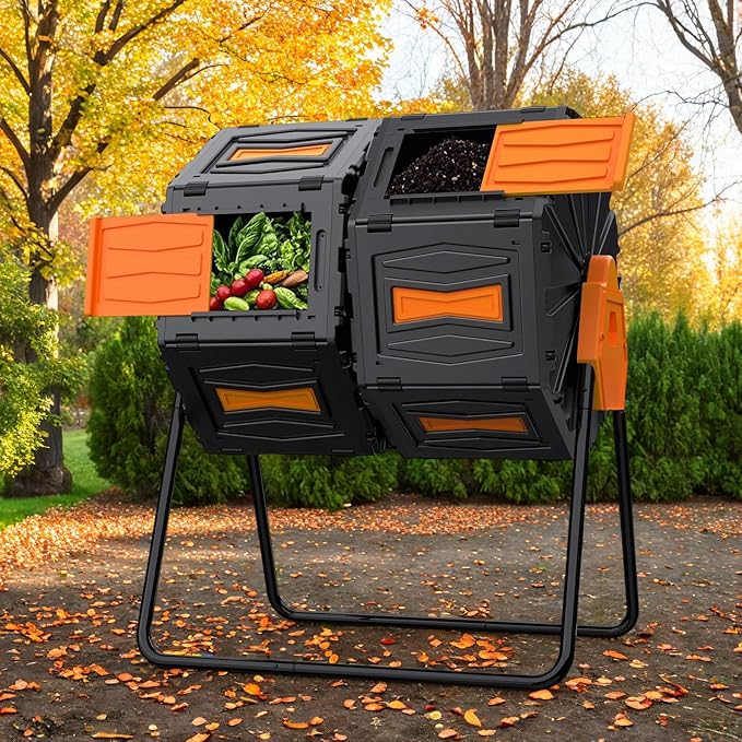 AACULPET Compost Bin Outdoor 45 Gallon, BPA-Free Dual Chamber Rotating Composter for Kitchen Waste, Heavy-Duty Fast Compost Tumbler Great Sustainable Gift for Winter Garden Yard & Spring Ready Soil