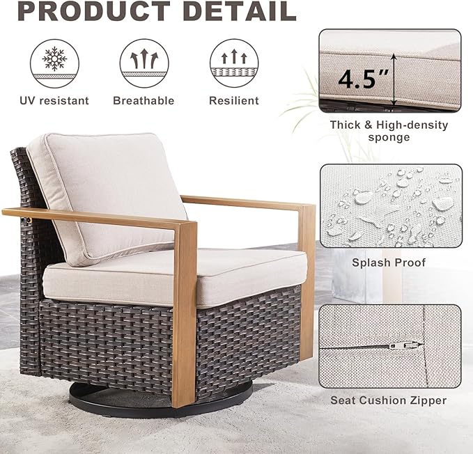 Rilyson Outdoor Wicker Patio Furniture Set - 7 Piece Patio Conversation Set with 4 Wicker Swivel Rocker Chairs,2 Rattan Ottoman and 1 Couch,Thick Cushions,Deep Seating,Wide Armrest(Brown/Beige)