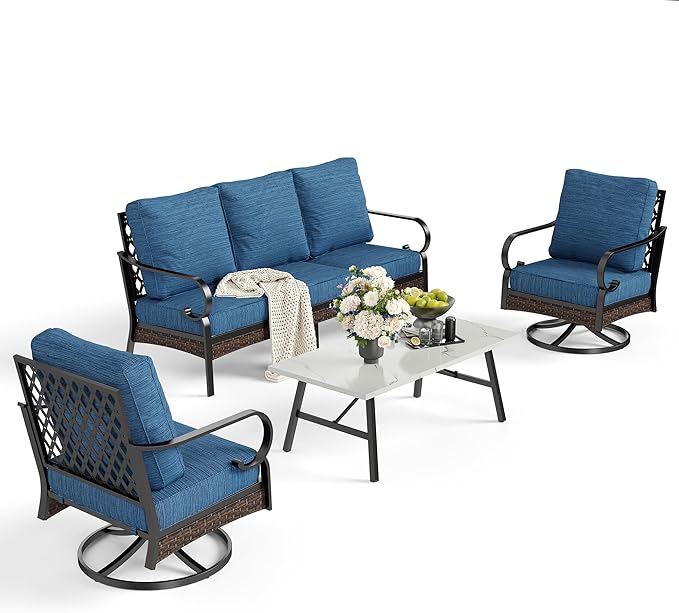 SUNSHINE VALLEY 4 PCS Metal Outdoor Patio Furniture Set, Patio Conversation Sets 1 3-Seater Sofa, 2 Swivel Chairs with 5.75" Extra Thick Cushion & Coffee Table, Black Frame Backyard Furniture, Blue-2