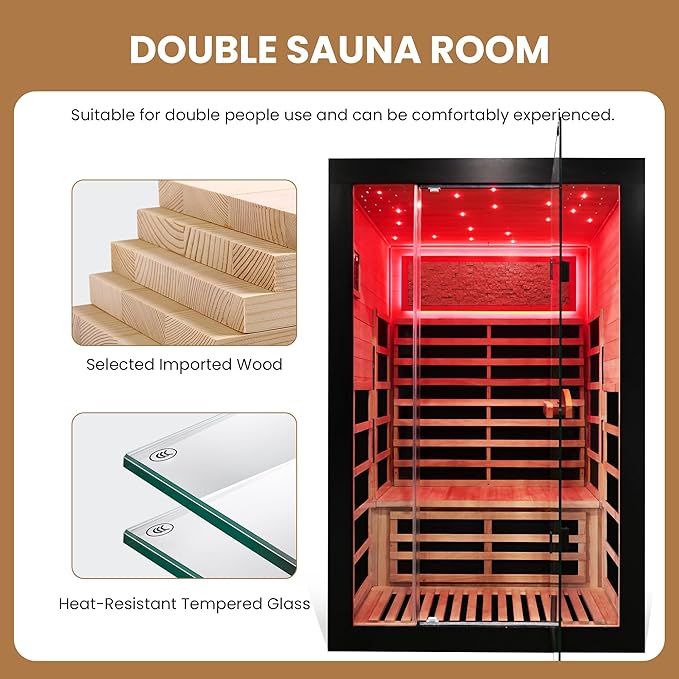 2 Person Far Infrared Home Sauna Low EMF 2000W 110V Wooden Indoor Dry Sauna with Red Light Therapy Bluetooth Speakers 47.24"x41.34"x74.8"