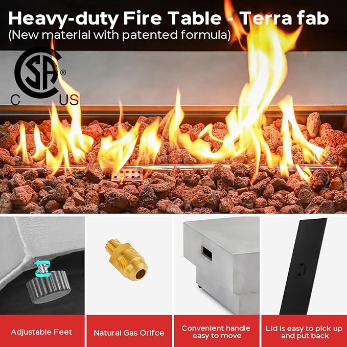 60 Inch Outdoor Propane Fire Pit Table with Tank Cover, 50,000 BTU Natural Gas Firepit for Outside Patio Rectangular Concrete Fire Table with Steel Lid, Lava Rock, Rain Cover