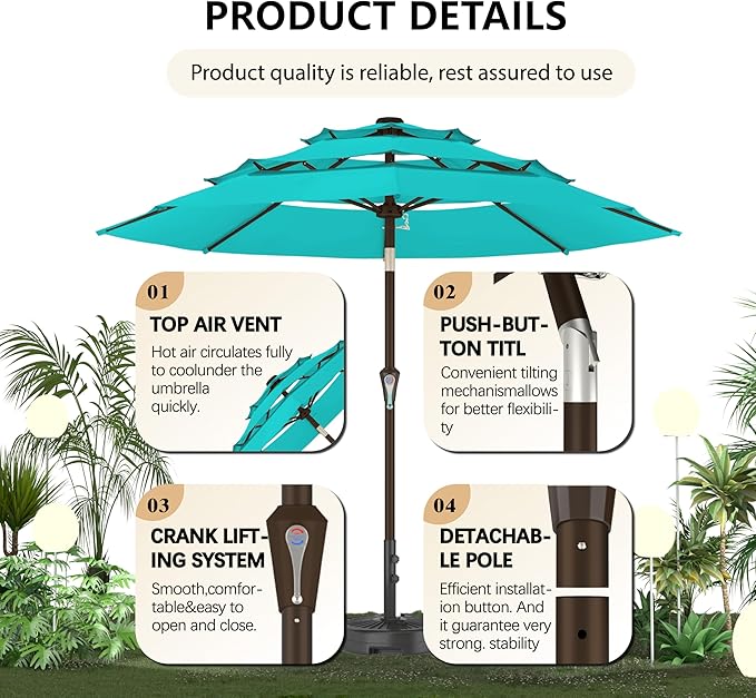 9FT 3-Tier Large Outdoor Patio Umbrella Market Table Umbrella-UV Resistant,Easy Push Button Tilt and Crank,8 Sturdy Fiberglass Ribs Heavy-Duty Pool Umbrella for Deck,Backyard,Garden,Yard,Light Blue