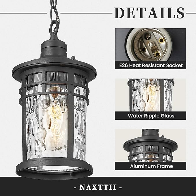 Naxttii Outdoor Pendant Lights for Porch Aluminum Hanging Porch Light with Water Ripple Glass Hanging Lantern for Front Patio Gazebo Foyer or Garage