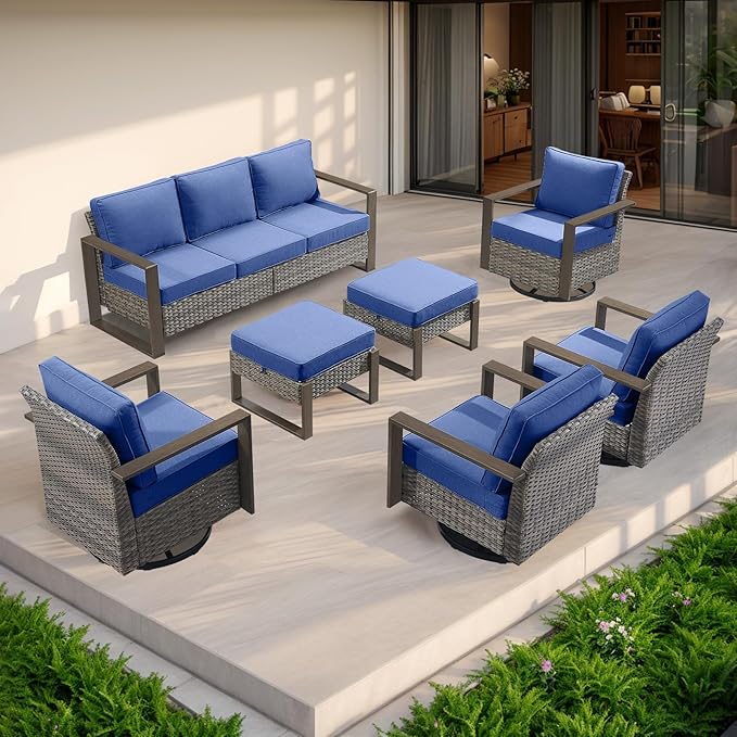 Rilyson Outdoor Wicker Patio Furniture Set - 7 Piece Patio Conversation Set with 4 Wicker Swivel Rocker Chairs,2 Rattan Ottoman and 1 Couch,Thick Cushions,Deep Seating,Wide Armrest(Mixed Grey/Blue)