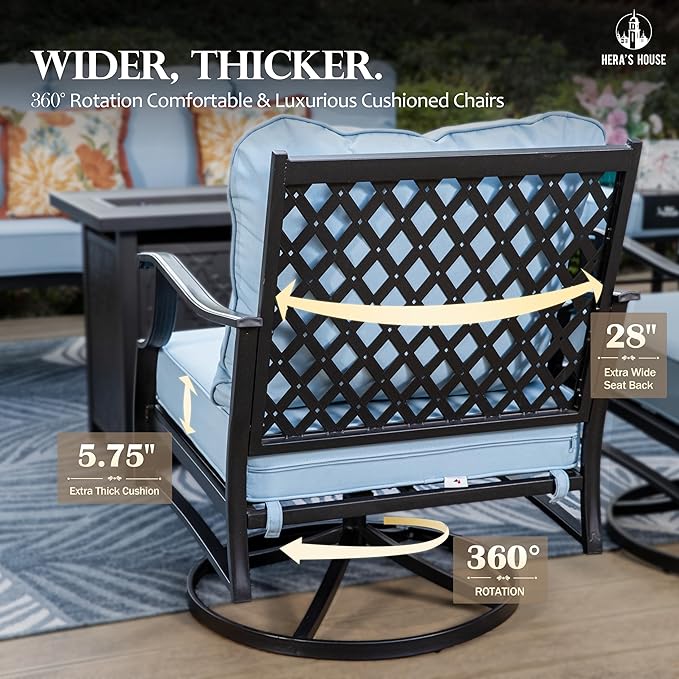 HERA'S HOUSE 5 Pieces Fire Pit Patio Furniture Set, 4 x Thick Cushioned Swivel Chairs with 28" Fire Pit Table (50,000 BTU), Outdoor Conversation Set for Garden, Backyard, Lawn, Blue