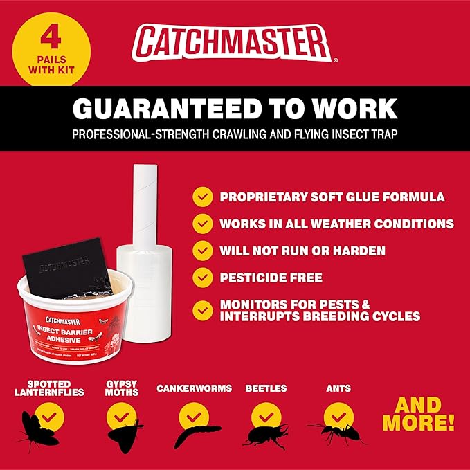 Catchmaster Tree Banding Insect Barrier DIY Kit 4Pk, 15oz., Spreader, 1Kft Roll Plastic Wrap, Lanternfly & Ant Traps, Outdoor Adhesive Crawling Insect Trap, Glue Traps to Protect Trees, Fruit & Plants