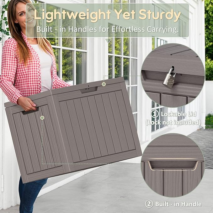 45 Gallon Outdoor Storage Deck Box Waterproof,Garden Tool,Backyard Cushion,Poolside Storage,Small Delivery Boxes for Outside,UV-Resistant & All-Weather,Wood-like Striped Gray