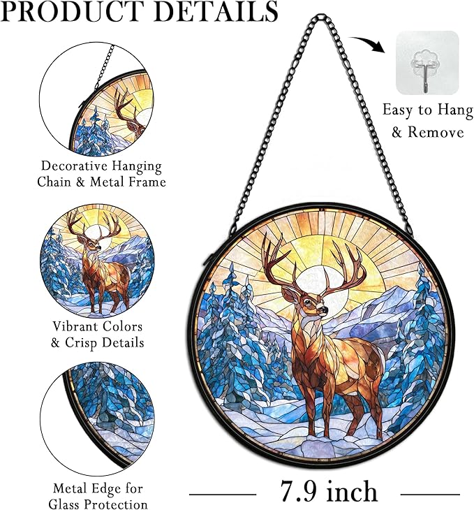 cvjutf Winter Wonderland Christmas Deer Suncatcher Stained Glass Window Hanging Decorstions, Landscape Stained Glass Wall Decor, Winter Solstice Gifts, Forest Garden Sun Catchers Window Art, 7.9x7.9In