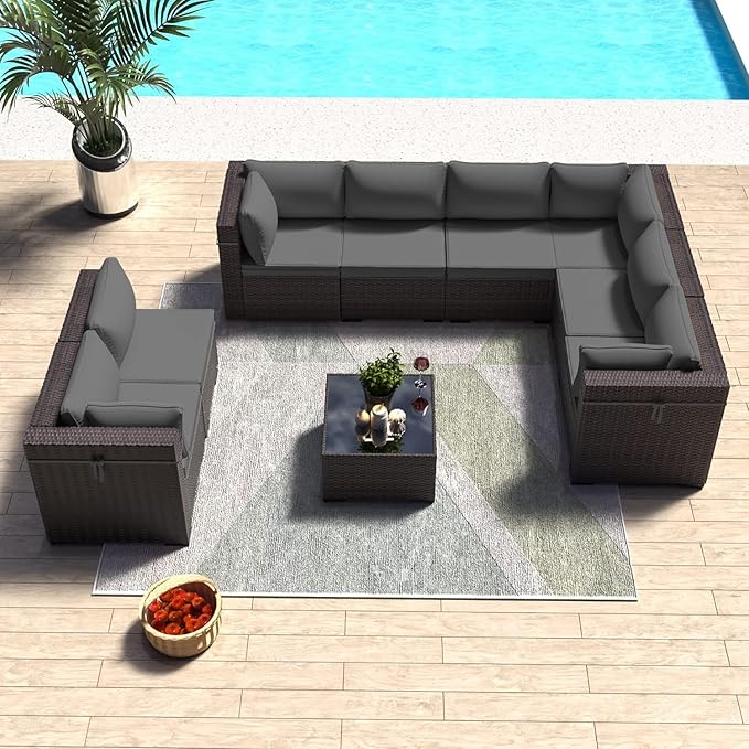 Outdoor Patio Furniture Set, 9 Pieces Outdoor Sectional Furniture Patio Set, All-Weather PE Rattan Patio Conversation Set with Tempered Glass Top Table & Cushions-Grey