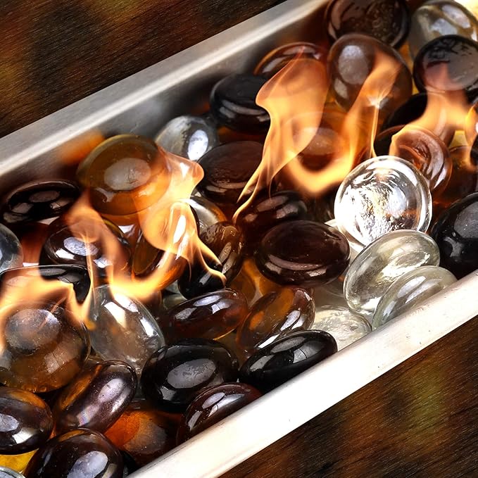 Mr. Fireglass 10 Pound Blended Fire Glass Beads, 1/2" High Luster Mixed Colored Fire Glass Drops for Fireplace Fire Pit & Lanscaping, Onyx Black, Crystal Ice, Caramel