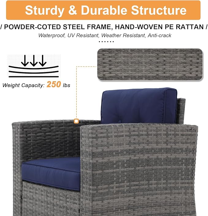 Super Patio 8 Pieces Outdoor Patio Furniture Set, Wicker Patio Conversation Sets with Storage Box, Rattan Outdoor Sectional Sofa Set with Cushions and Coffee Table for Outside Porch, Deck, Navy Blue