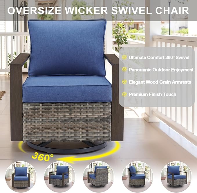 Belord Outdoor Swivel Rocker Chairs Set of 2 with Metal Wide Armrests, 3 Piece Patio Bistro Wicker Chairs with Side Table, Comfort Glider Furniture for Porch, Deck, Sunroom, Backyard