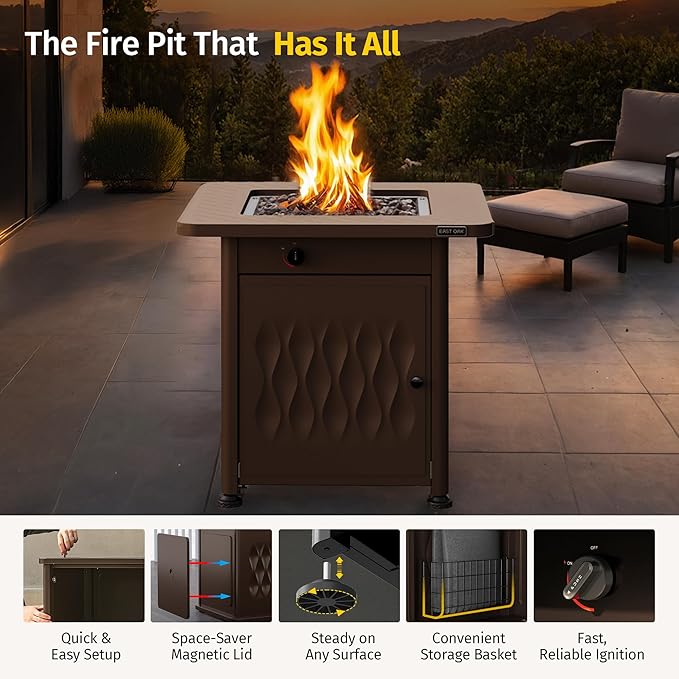 EAST OAK 28" Upgraded Outdoor Propane Fire Pit Table | 52,000 BTU Gas Fire Pit Table for Outside with Magnetic Lid | Storage Basket & Lava Rocks | CSA Certified for Patio, Garden & Backyard | Brown