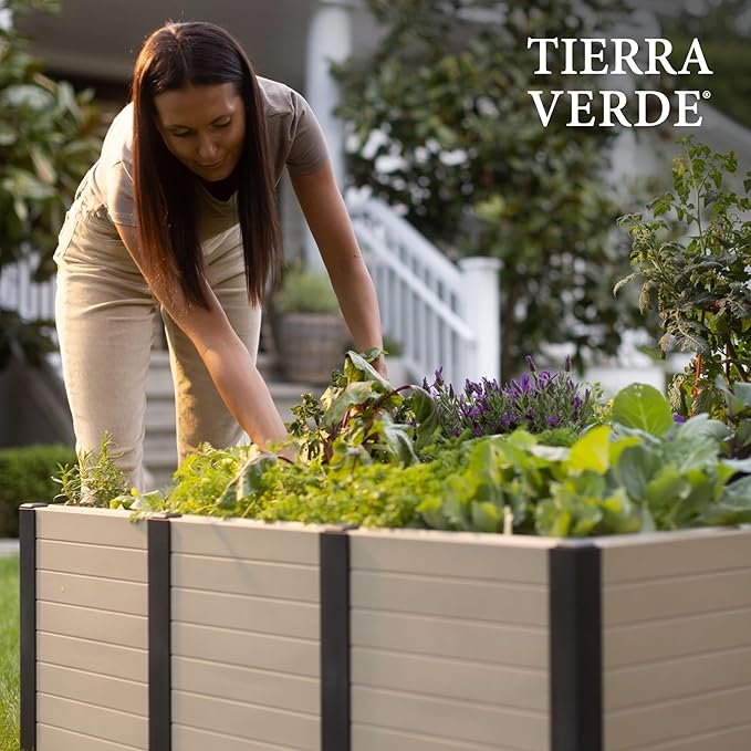 Tierra Verde 48-Inch x 48-Inch Raised Garden Bed with Tool-Free Connect System and Crafted from Recycled Materials, for Patios or Decks, Khaki
