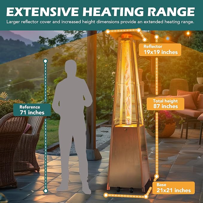 48,000 BTU Flame Pyramid Pool Heater With Cover, Stainless Steel Triple Safety Protection Patio Heater with Patio Cover, Warm Glass Tube Portable with Durable Wheels-Stainless Steel Color