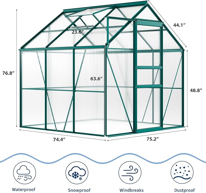 Garvee 6 x 6 FT Outdoor Greenhouse, Polycarbonate Greenhouses with Aluminum Frame, Sliding Door, Adjustable Roof Vent for Backyard, Green Houses for Outside Garden Backyard, Patio, Green