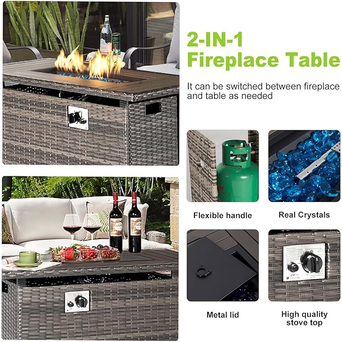 Aoxun 40" Propane Fire Pit 50,000 BTU Outdoor Wicker Fire Table with Wood-grainTabletop Patio Rectangular 2-in-1 Gas Fire Pit Table with Firepit Lid and Waterproof Cover（Gray）