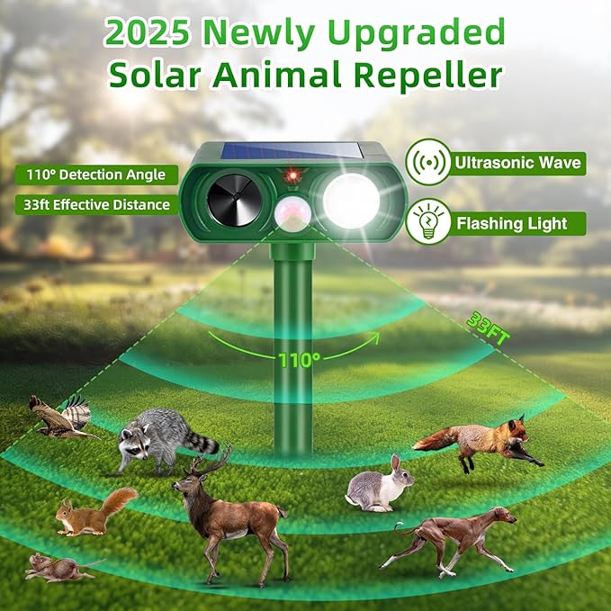 2026 New Solar Ultrasonic Animal Repellent Outdoor Motion Activated Deer Repellent Cat Deterrent with Flash Light to Keep Rodent Dog Skunk Rabbit Raccoon Squirrel Out of Yard Garden Lawn,4Pack