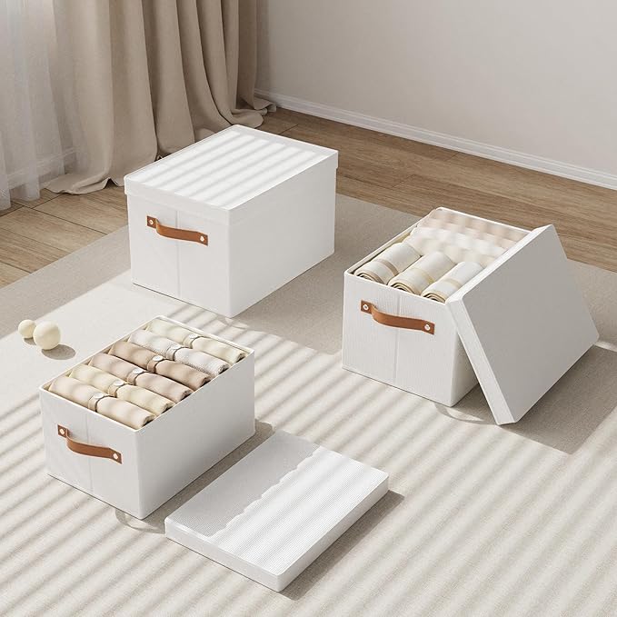 Fabric Storage Bins with Lids, 15 x 9.8 x 8.3 Inch Storage Boxes for Shelves Wardrobe Bedroom, Closet Organizers with Handles, White, 3-Pack
