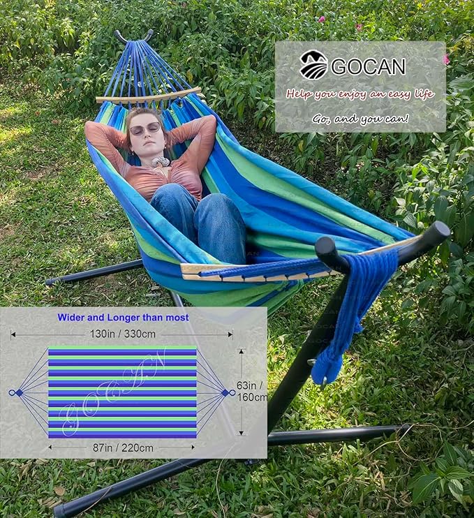 GOCAN Double Hammock 2 Person Large 220x160cm with Steel Stand and Removable Spreader bar Load 500lb, Canvas Cotton Hammocks for Patio Porch Garden Backyard Outdoor and Indoor, Blue