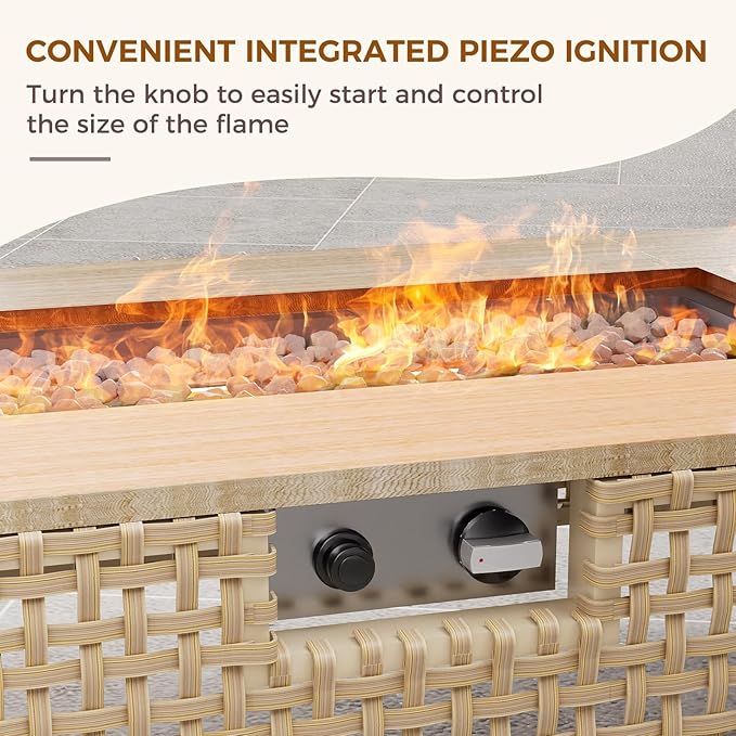 Grand patio 14-Piece Patio Furniture Set with 47" Fire Pit Table, Outdoor Conversation Set & 50,000 BTU 47 Inch Rectangle Propane Fire Pit & Storage Box with Water Resistant Thick Cushions, Cream