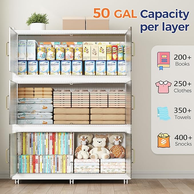 150Gal Extra Large Stackable Storage Bins with Lid, 600Qt Collapsible Storage Box with Wheels, Closet Organizers and Storage Cabinet Container for Home, Kitchen, Office, Bedroom, 3Pack White