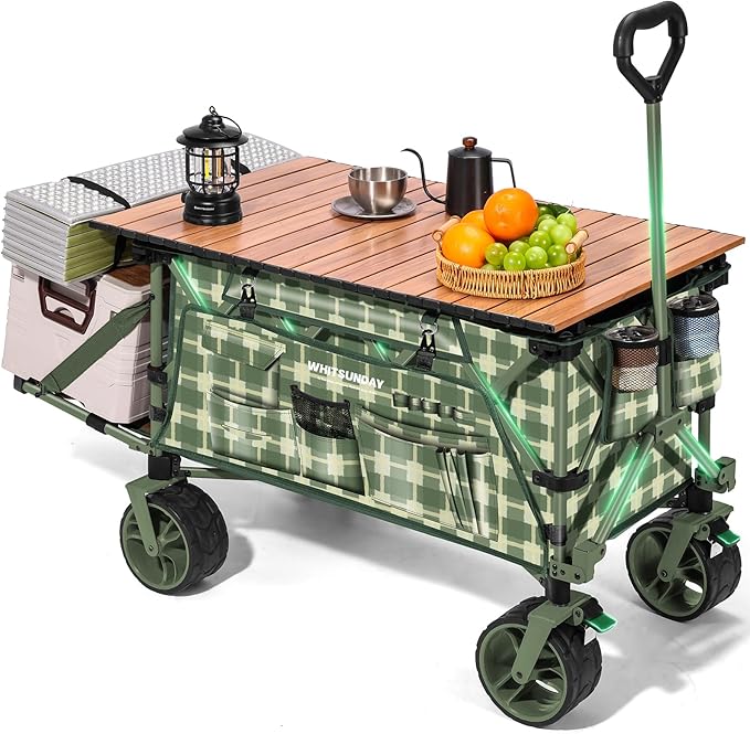 WHITSUNDAY Collapsible Folding Wagon with Table, Heavy Duty Utility Beach Wagons with All-Terrain Wheels for Camping,Garden,Sports Green