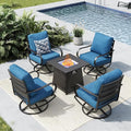MFSTUDIO 5 Pieces Patio Conversation Sets, Outdoor Metal Furniture Sofas with 1 x 28 Square Propane Gas Fire Pit Table and 4 x Steel Frame Patio Sofa Swivel Chairs with Peacock Blue Cushion