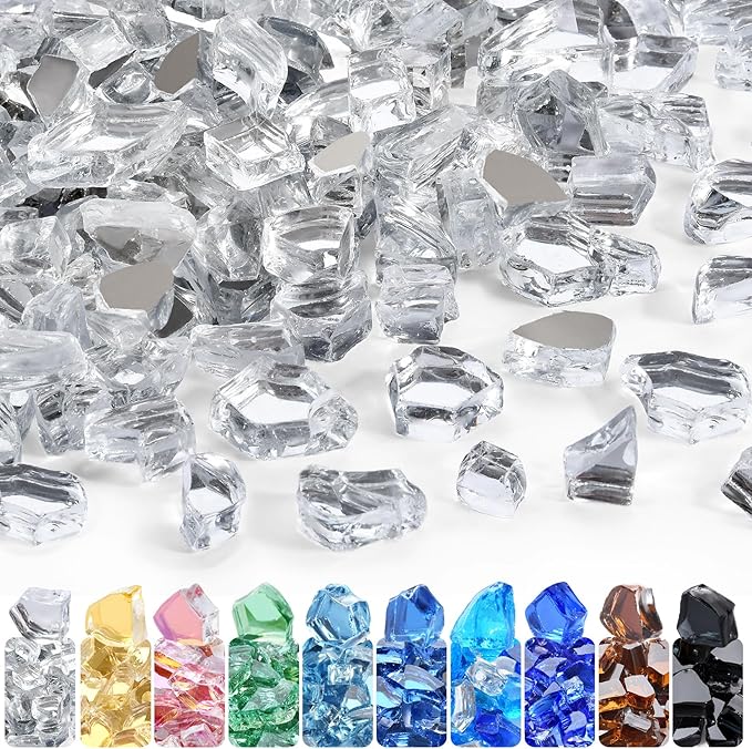 GasSaf 1/2 Inch Fire Glass Reflective Tempered Fireglass Cut Crushed FireGlass for Fire Pit, Fireplace, Replaces Existing Gas Logs & Lava Rocks (10 Pound)(Crystal Ice Reflective)