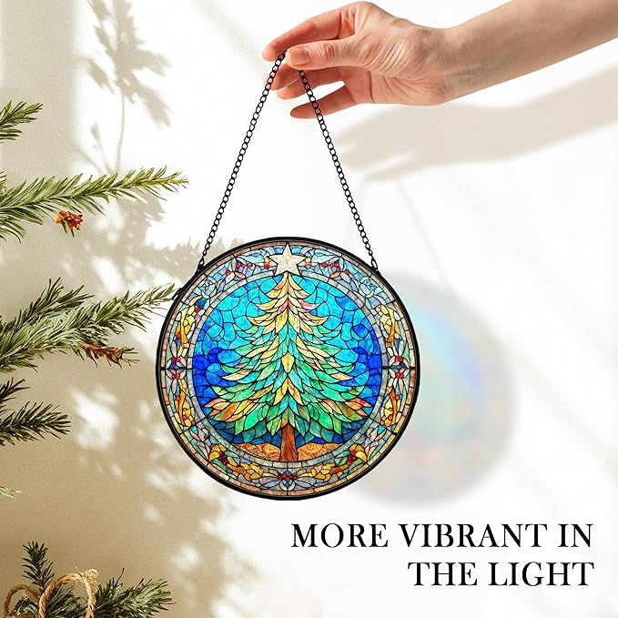 cvjutf Christmas Tree Suncatcher Stained Glass Window Hanging Decor, Winter Xmas Tree Stained Glass Wall Decor, Christmas Garden Sun Catchers Indoor Window Hanging Wall Art Lawn, 7.9x7.9 Inch
