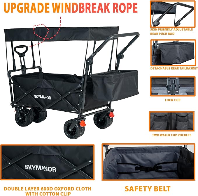 SKYMANOR Collapsible Wagon Folding Garden Cart with Removable Canopy Utility Heavy Duty Wagon Cart with All-Terrain Wheel Storage Brake for Camping Shopping (Upgraded Canopy-Black)