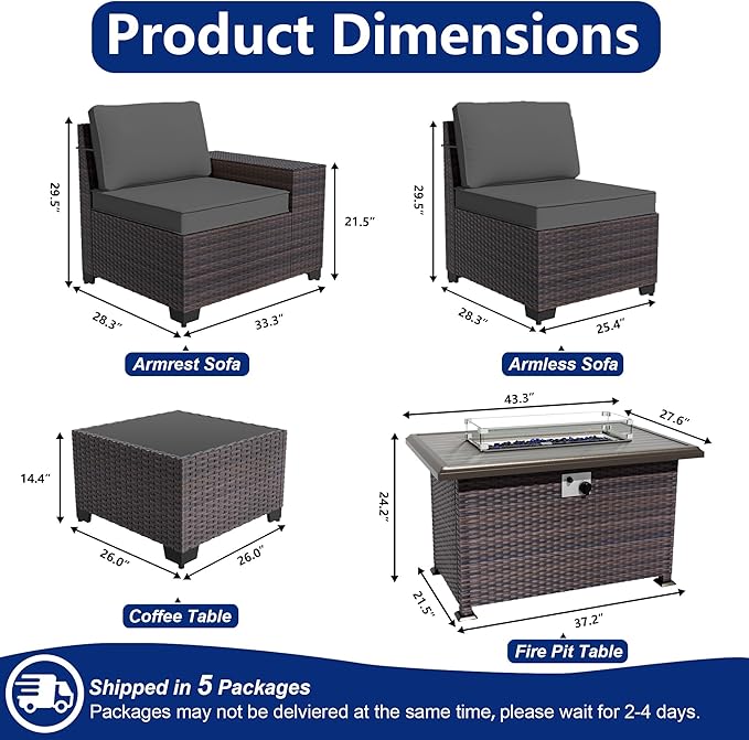 Outdoor Patio Furniture Set with Fire Pit Table, 7 Pieces Patio Furniture Set Outdoor Sectional Sofa w/43in Propane Fire Pit, PE Wicker Rattan Patio Conversation Sets - Black