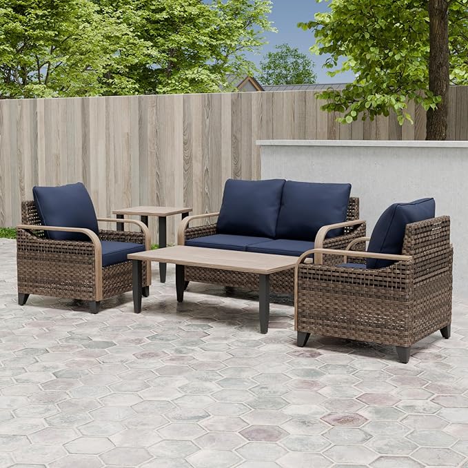 EAGLE PEAK Modern Wicker Outdoor Patio Furniture Set, Patio Conversation Set, 2 Chairs, 2-Seat Loveseat, Coffee Table and Side Table, 5 Pieces, Brown/Blue