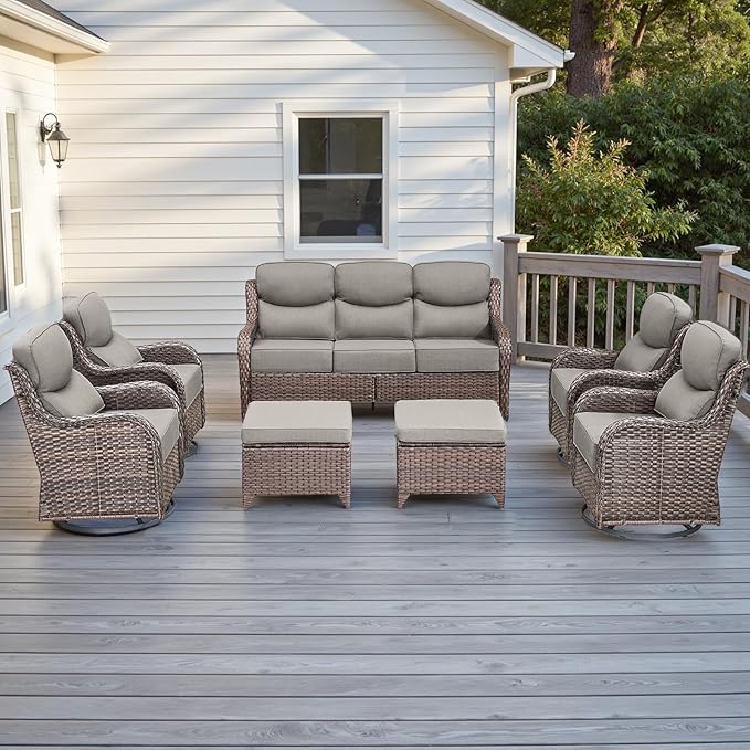 Rilyson Wicker Outdoor Patio Furniture Set - 7 Piece Patio Conversation Sets with Swivel Rocker Chairs, Ottomans and Sofa, 6 inch Cushions, Waterproof Wicker, for Porch Deck Brown/Beige