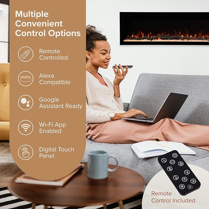 Modern Ember Highmark 84 Inch Smart Linear Electric Fireplace - Premium Flame with 10 Colors, Sleek Hidden Vent Design, Install Recessed in-Wall or Wall-Mount, WiFi Enabled.