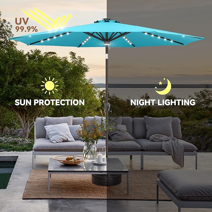 9ft Solar Umbrella Outdoor - Lighted Patio Umbrella with 40 LED Lights Waterprool Uv Protection, Table Umbrella with Tilt & Crank for Pool, Porch, Garden, Deck, Backyard(Sky Blue)