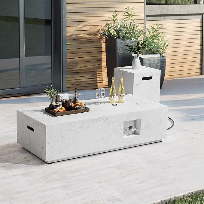 Dineli 2-Piece Outdoor Propane Fire Pit Table Set w Tank Table 48'' Rectangular Firepit Gas Fire Pits for Outside Patio Fire Table Tabletop Fire Pits w CSA Certified, 50,000 BTU, Stone-Look Marble